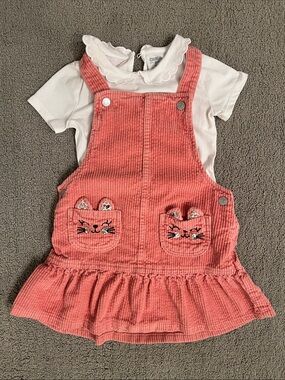 🩷 Girls Corduroy Kitty Pocket Pinafore Dress in Dusty Coral